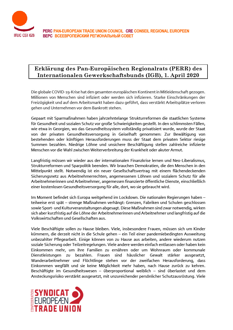 Erklärung des Pan-Europäischen Regionalrats (PERR) des Internationalen Gewerkschaftsbunds (IGB), 1. April 2020